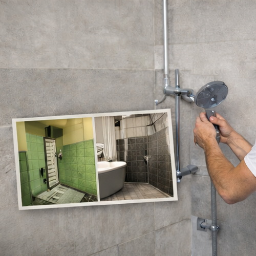 Duschbereich im sanierten Bad mit Handbrause und Visualisierung des Renovierungsprozesses