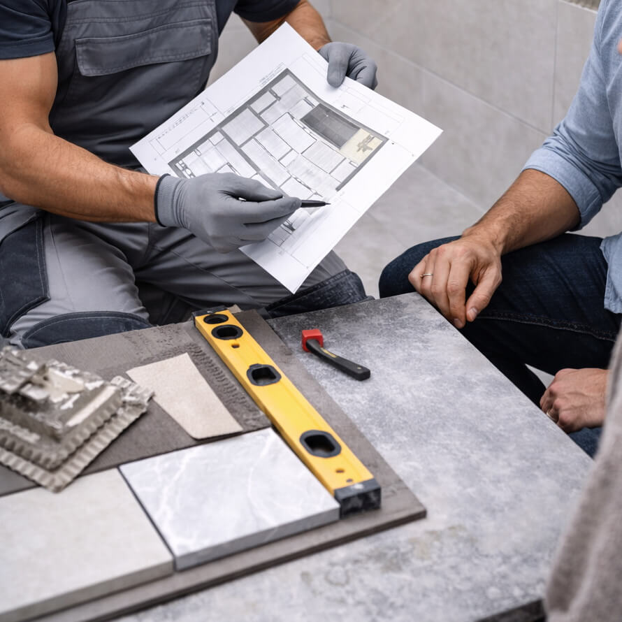 Vorbereitung und Verlegung von Fliesen durch Fachbetrieb Fliesenleger bei der Vorbereitung und Verlegung von Keramikfliesen in Gärtringen